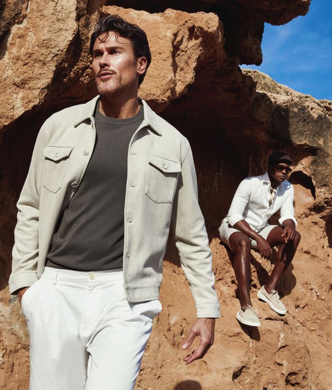 Stone-kleurig heren shirtjacket Blue Industry modern fit suedine stretch