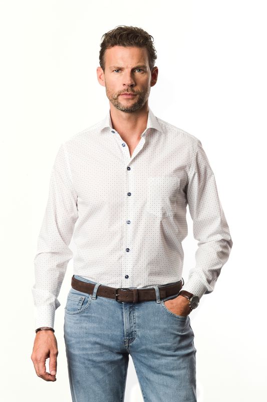 Ledûb Overhemd Wit Blauw Print Comfort Blend 0143290-916 Voorjaarscollectie