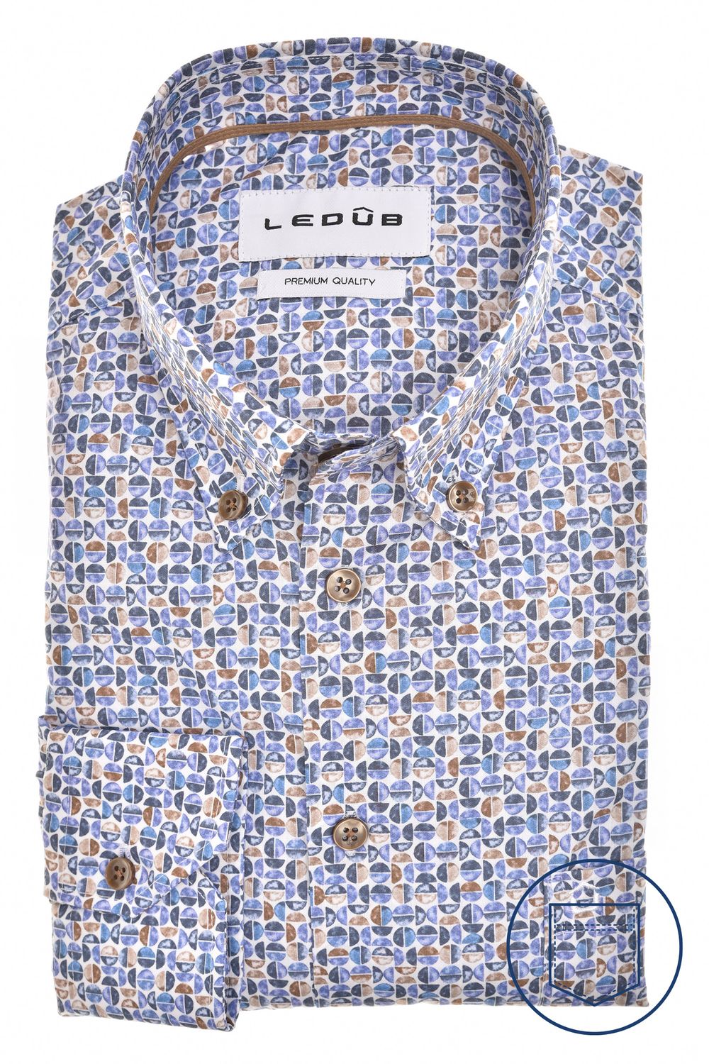 Ledûb Overhemd Middenblauw Print Comfort Blend 0143295-140 Voorjaarscollectie