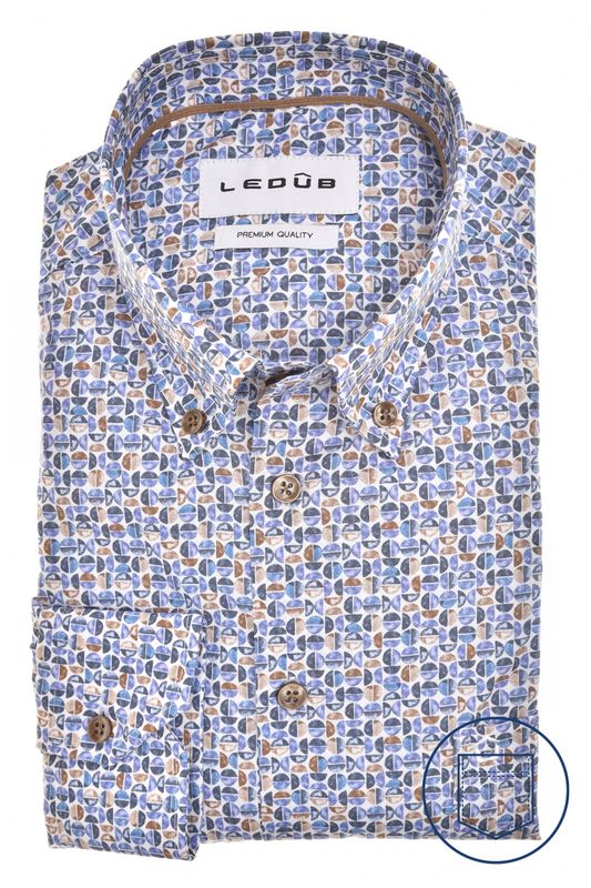 Ledûb Overhemd Middenblauw Print Comfort Blend 0143295-140 Voorjaarscollectie