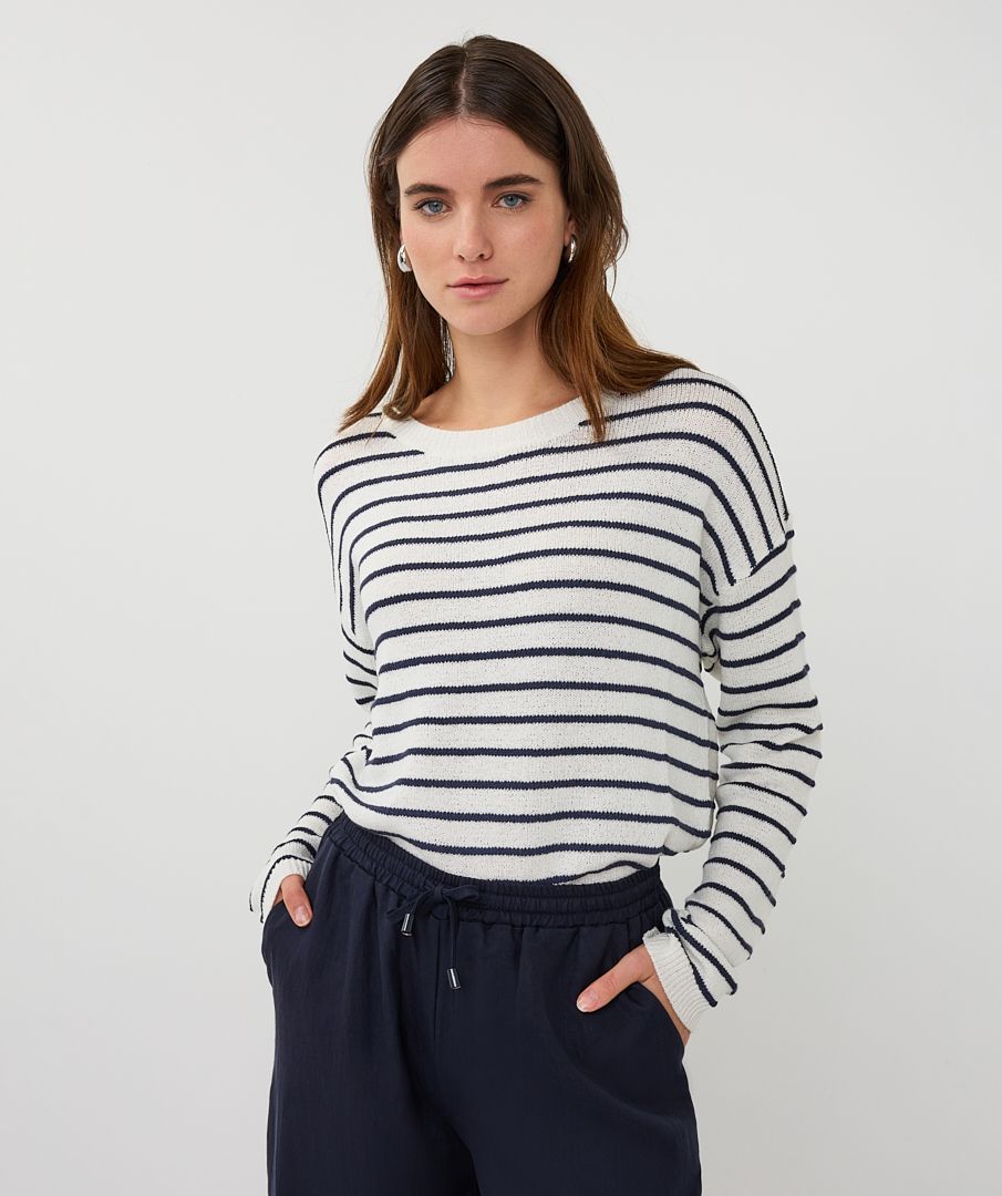 EsQualo Dames Sweater Striped Slub Off White Navy blauw wit gestreept SP26.02009-944 Spring
