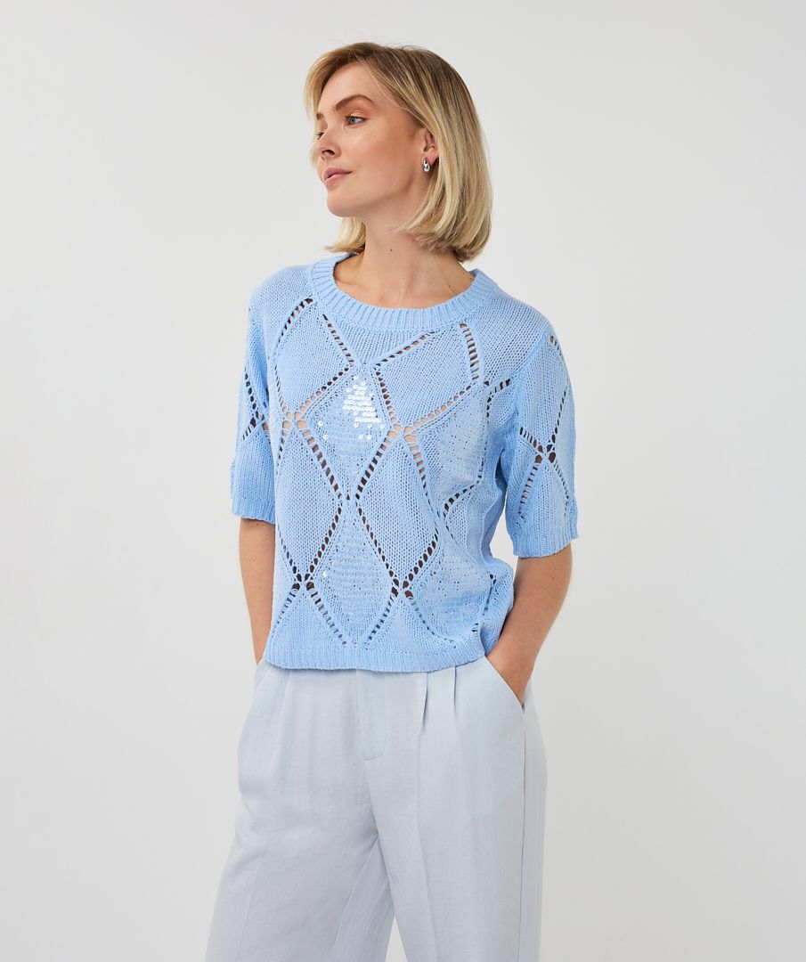 EsQualo Dames Sweater Ajour Diamond Sequins Pacific Blue blauw lovertjes diamantpatroon SP26.02016-626 Spring