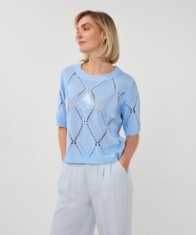 EsQualo Dames Sweater Ajour Diamond Sequins Pacific Blue blauw lovertjes diamantpatroon SP26.02016-626 Spring