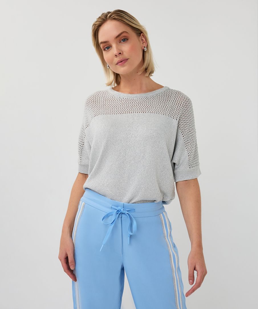 EsQualo Dames Sweater Ajour Batwing Light Blue lichtblauw ajourbreisel SP26.02017-620 Spring