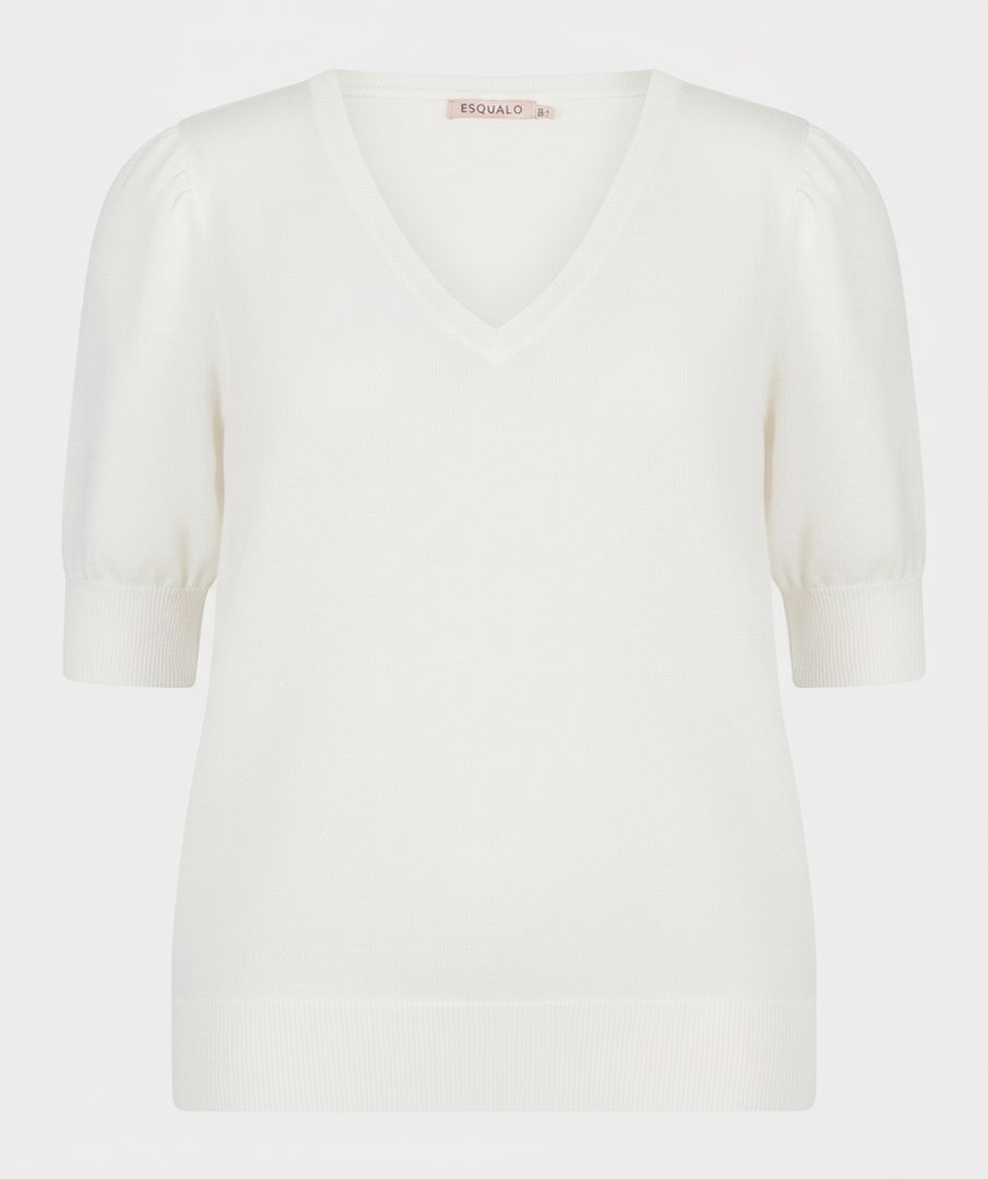EsQualo Dames Sweater korte mouw V-hals Off White wit basic knit SP26.07001-120 Spring