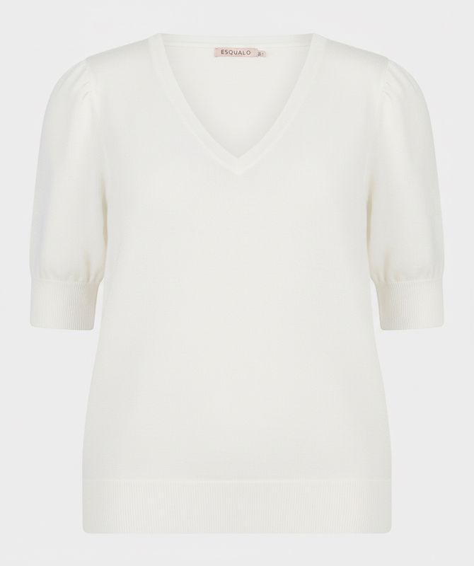 EsQualo Dames Sweater korte mouw V-hals Off White wit basic knit SP26.07001-120 Spring