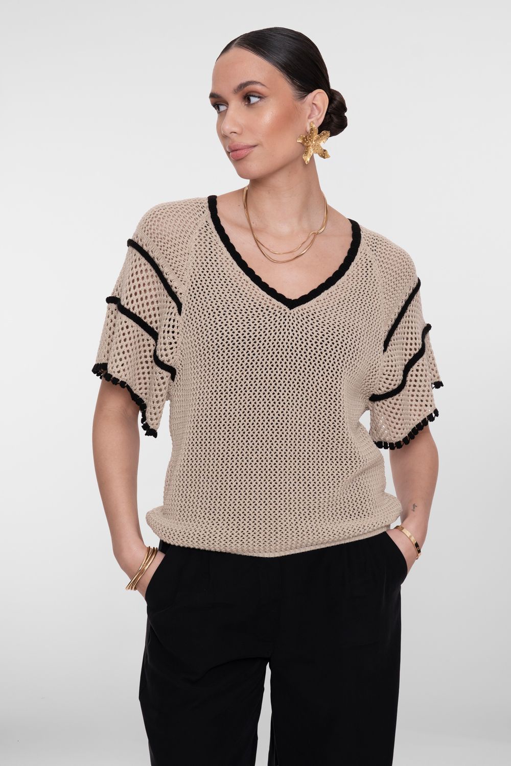 Geisha Pullover Raglan V-neck Light Sand Black beige zwart 64050-23-721 Summer