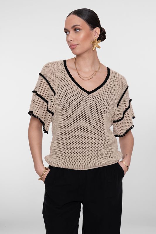Geisha Pullover Raglan V-neck Light Sand Black beige zwart 64050-23-721 Summer