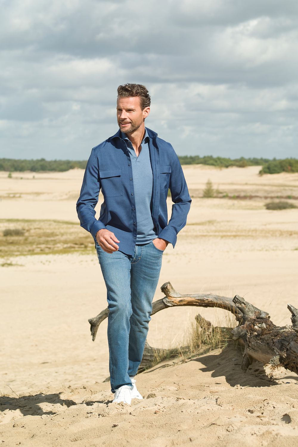 Donkerblauw heren overshirt lange mouw stretch Ledûb bij Lendi fashion