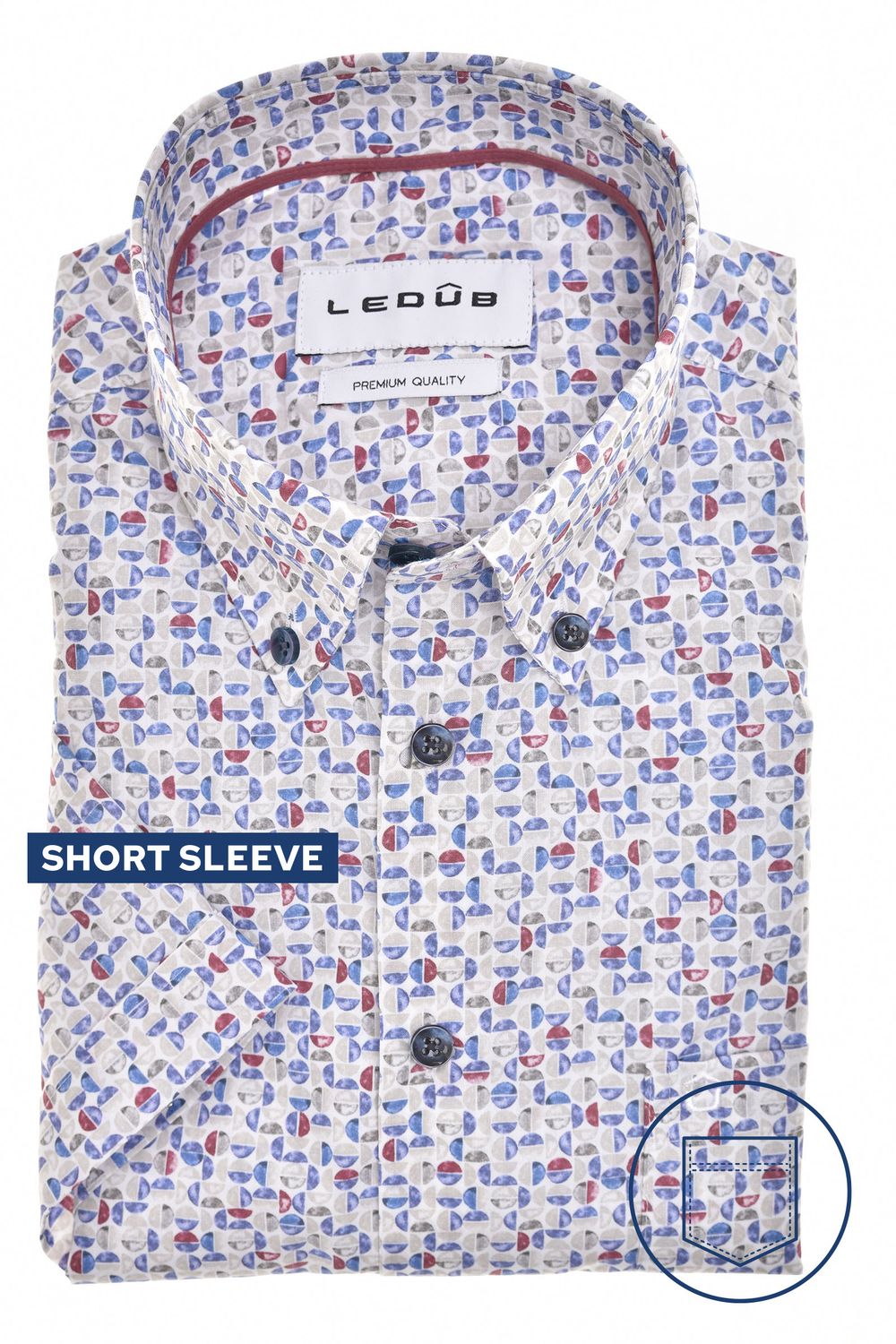 Ledûb Heren Overhemd Lichtgrijs Rood Print Korte Mouw Modern Fit