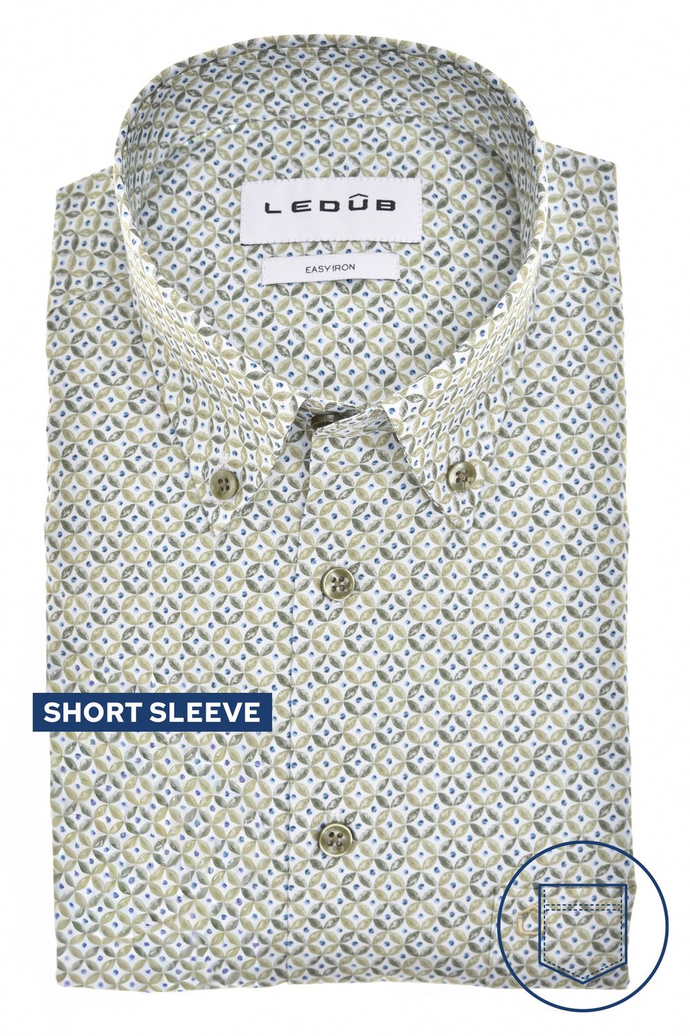 Ledûb Heren Overhemd Lichtgroen Print Korte Mouw Modern Fit