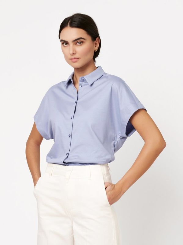 Desoto Dames Blouse Blauw Jersey Stretch Strijkvrij 74071-2