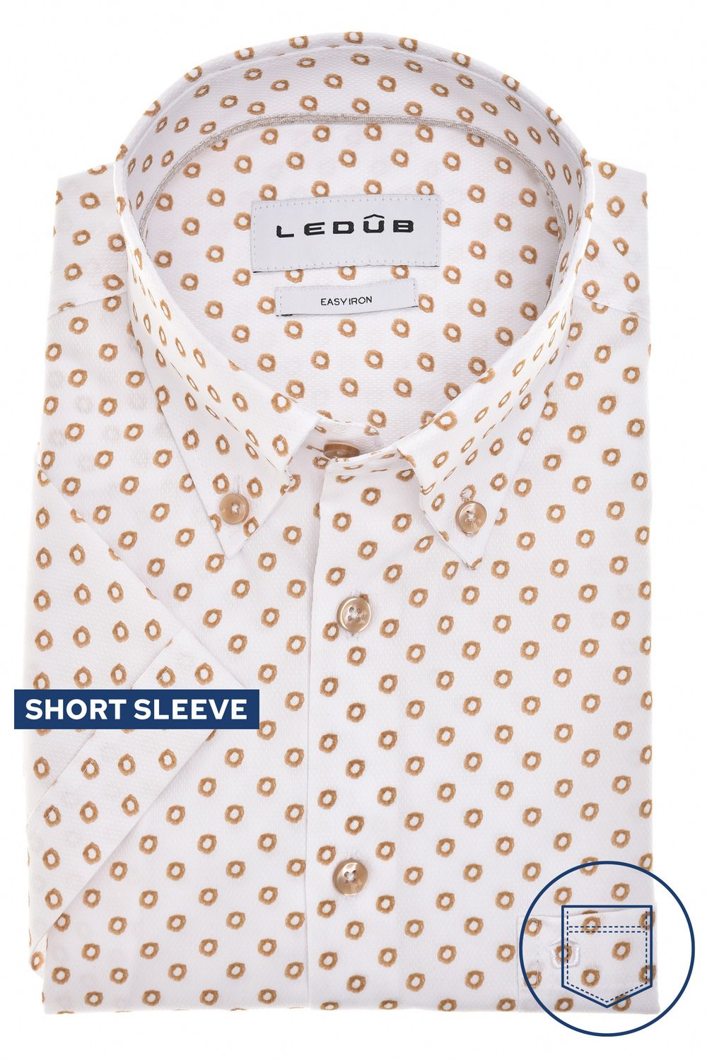 Ledûb Heren Overhemd Lichtbruin Print Korte Mouw Modern Fit