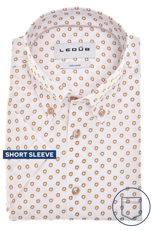 Ledûb Heren Overhemd Lichtbruin Print Korte Mouw Modern Fit