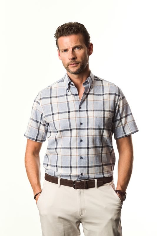 Ledûb Heren Overhemd Donkerblauw Geruit Korte Mouw Modern Fit