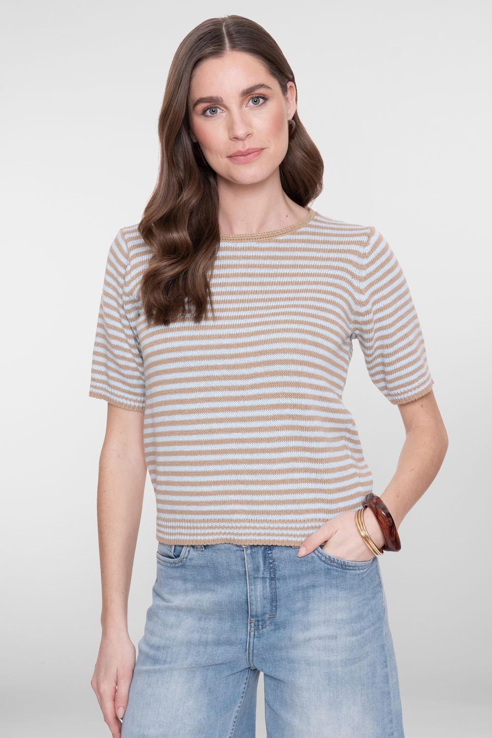 Geisha Dames Pullover Korte Mouw Zand Blauw Gestreept 64080-70