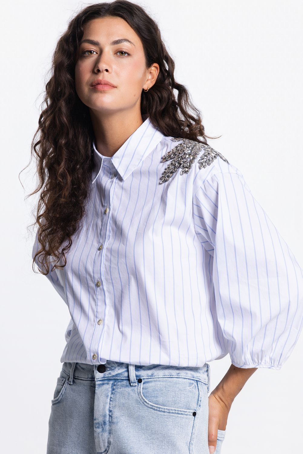 Jansen Amsterdam Dames Blouse PARISA Light Blue Gestreepte Katoen