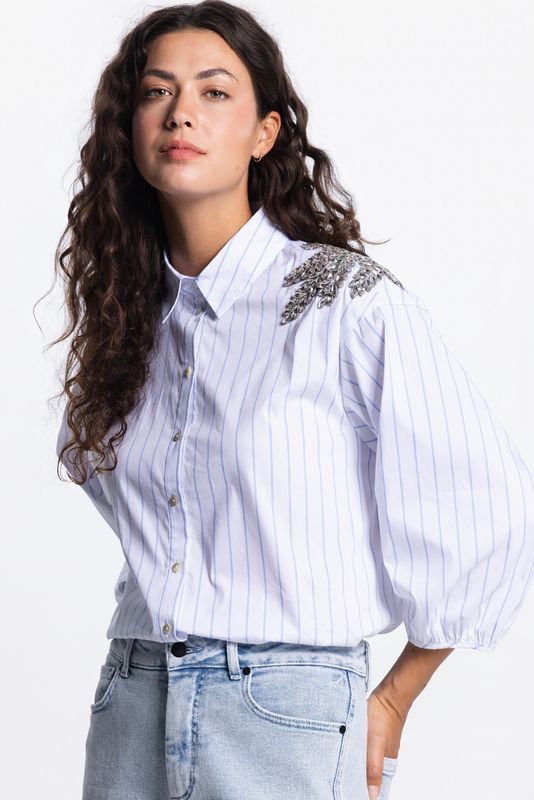 Jansen Amsterdam Dames Blouse PARISA Light Blue Gestreepte Katoen