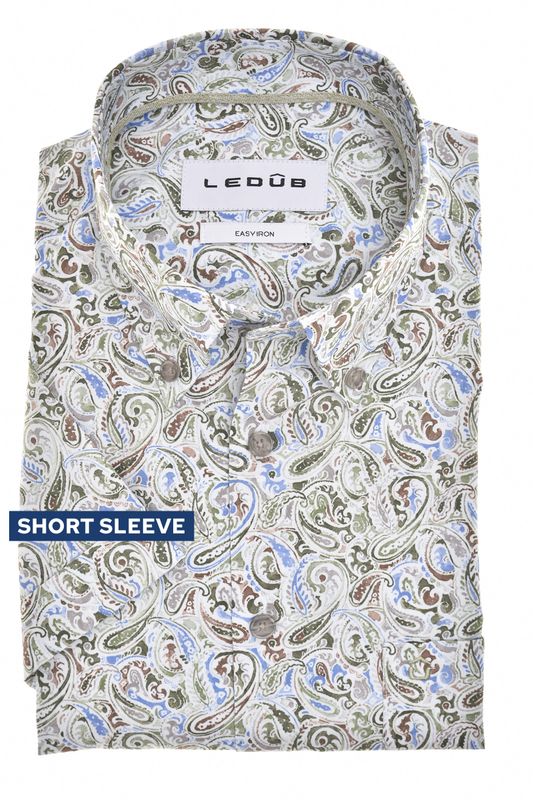 Ledûb Heren Overhemd Middengroen Print Korte Mouw Modern Fit