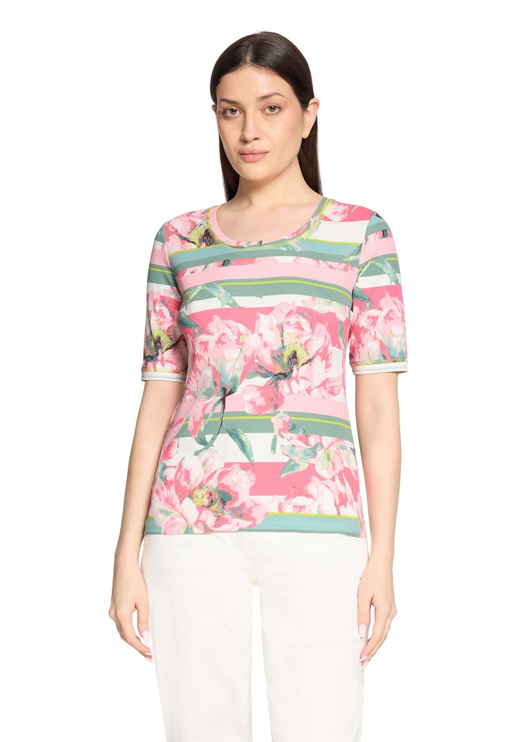 Betty Barclay Basic Shirt Rosé Cream Bloemenprint Ribstof 27621817