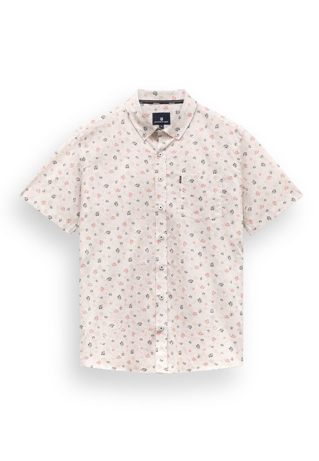 State of Art Heren Overhemd Oud Roze Donkerantraciet Print Korte Mouw Regular Fit