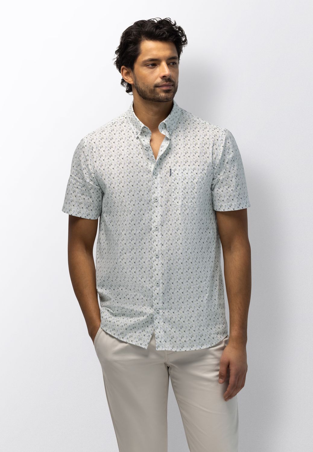 State of Art Heren Overhemd Lichtgroen Wit Print Korte Mouw Regular Fit