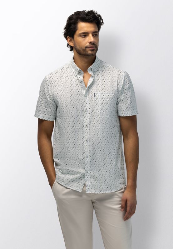 State of Art Heren Overhemd Lichtgroen Wit Print Korte Mouw Regular Fit