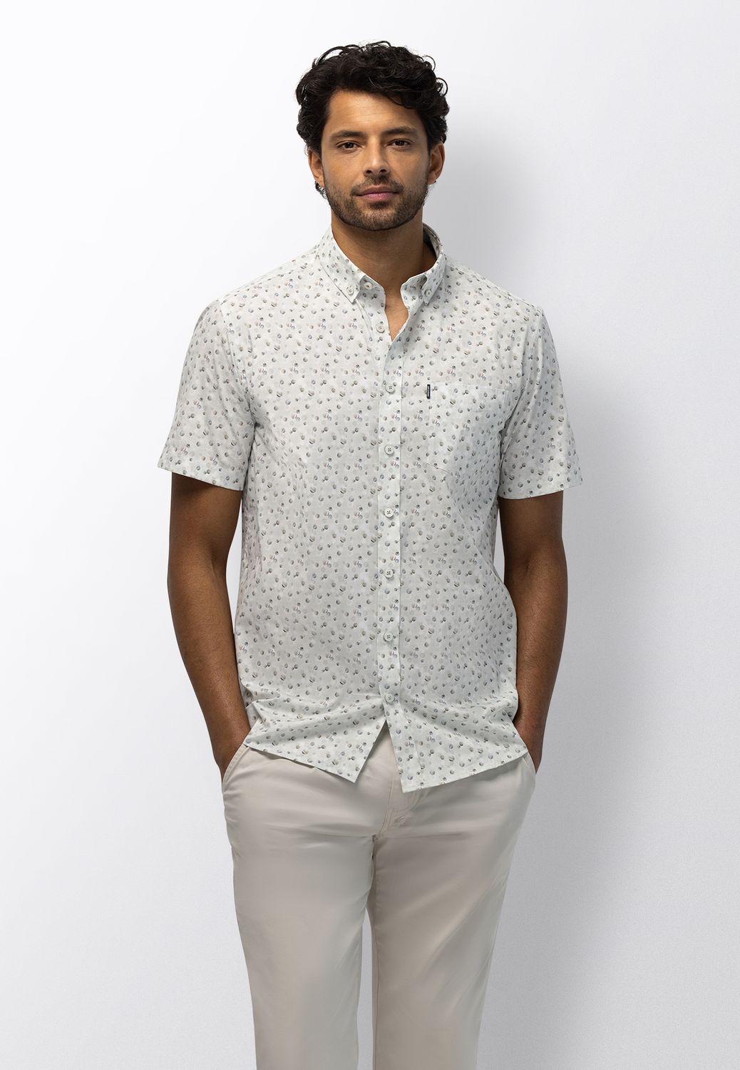 State of Art Heren Overhemd Lichtgroen Lichtblauw Print Korte Mouw Regular Fit