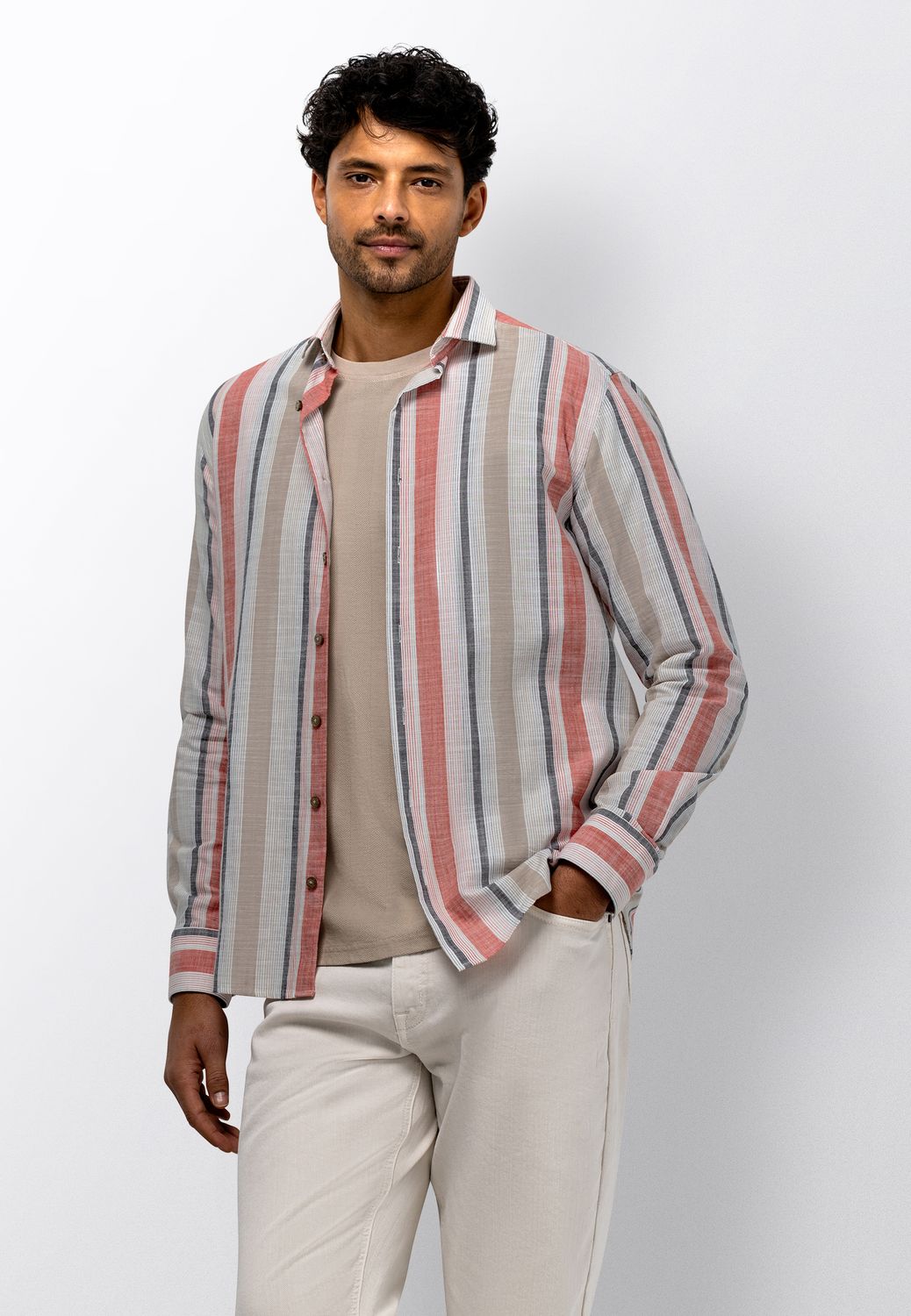 State of Art Heren Overhemd Oud Roze Beige Gestreept Lange Mouw Regular Fit