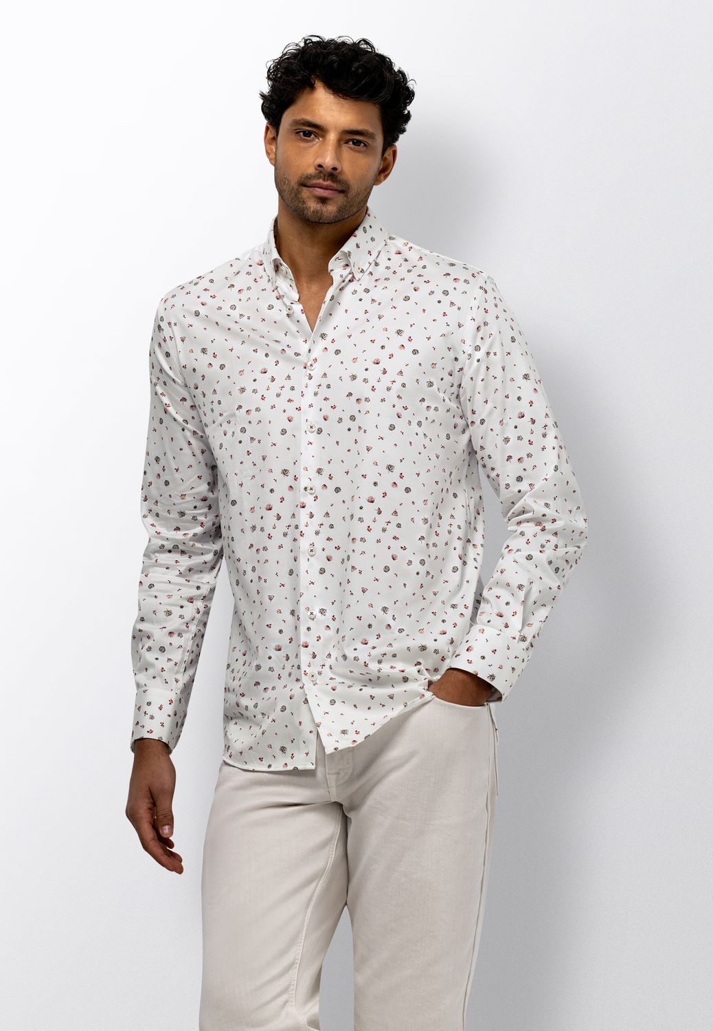 State of Art Heren Overhemd Oud Roze Wit Satin Print Lange Mouw Regular Fit