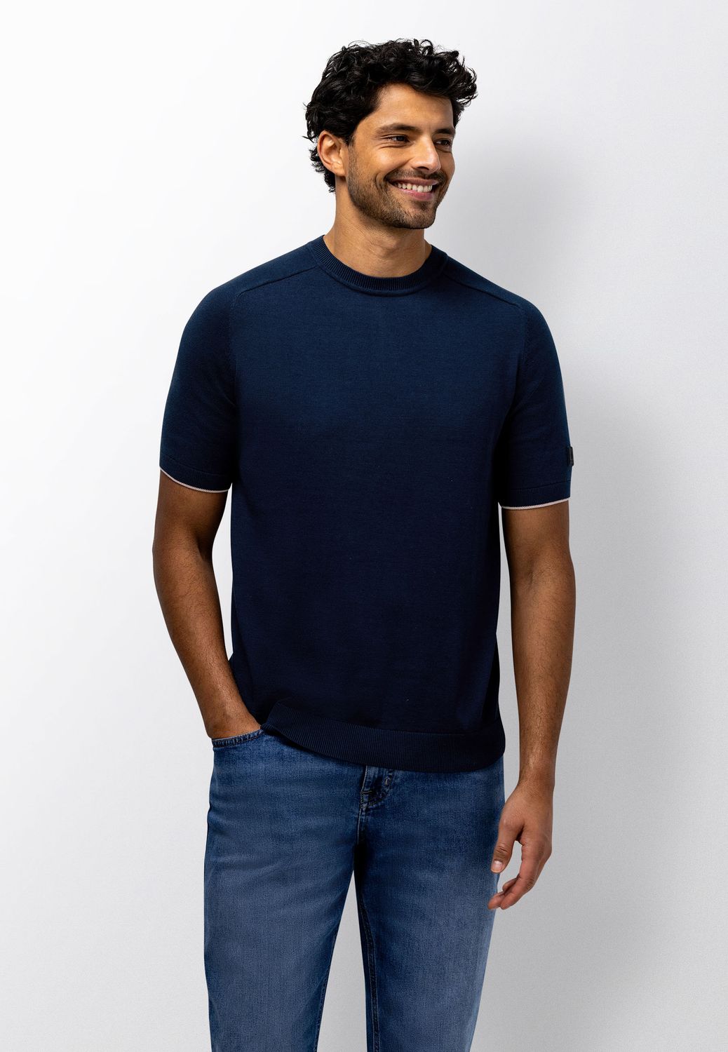 State of Art Heren T-shirt Gebreid Blauw Katoen Linnen 35116047