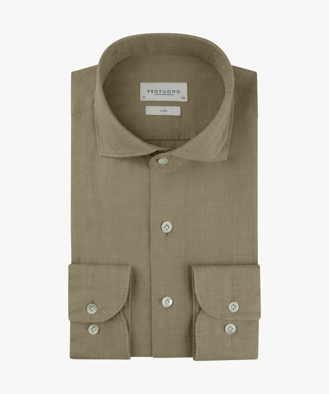 Profuomo Heren Linnen Overhemd Mid Green Slim Fit Extreme Cutaway PPXH10017P