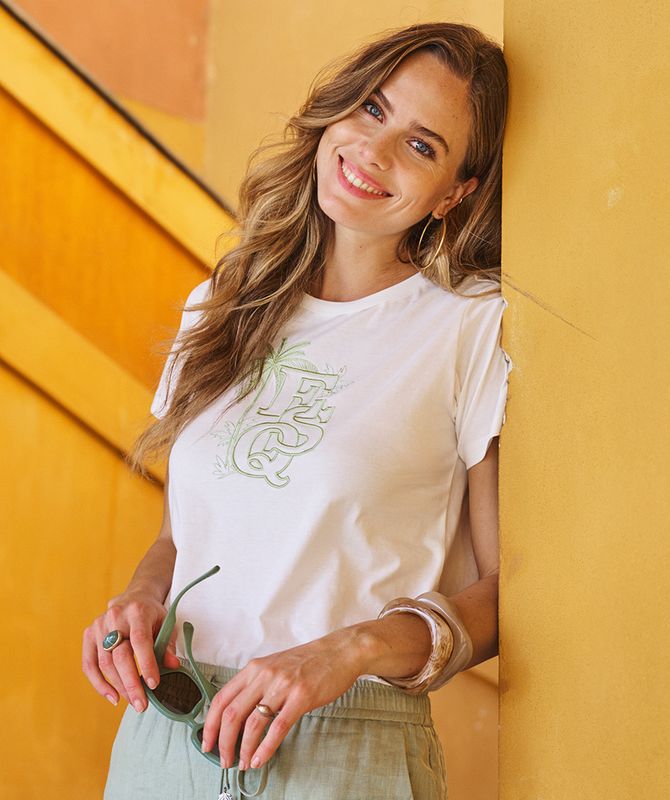 Esqualo T-shirt Palm ESQ' embroidery Off White / Green HS26.05202