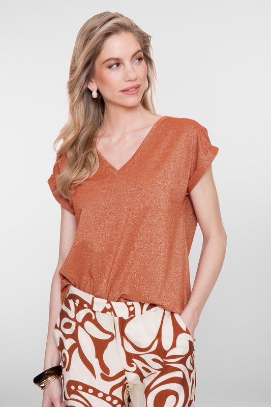 Geisha T-shirt lurex V-neck ginger 62351-24