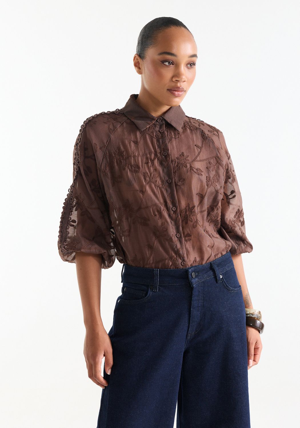 Jansen Amsterdam BISA BLOUSE te 701 transparant embro 000543 - dark brown BISA W