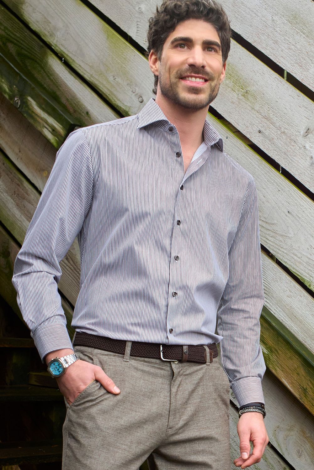 Ledub Shirts Stripe:Overhemd Donkerbruin 680 0143535