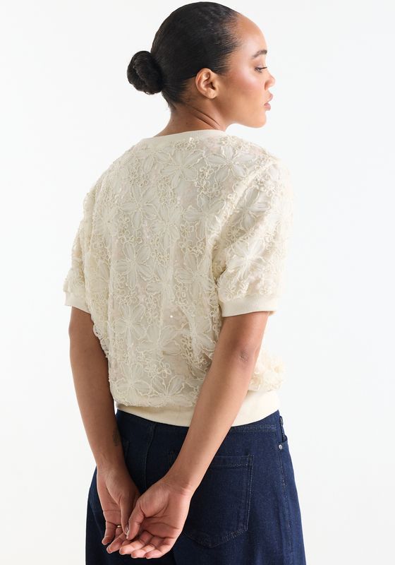 Jansen Amsterdam BLANCHE TOP 3dm 728 short sleeve emb 000097 - cream BLANCHE W26
