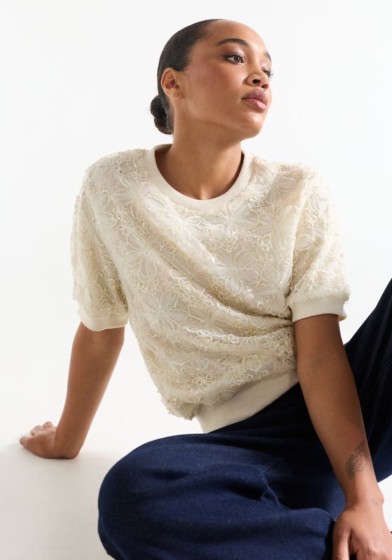 Jansen Amsterdam BLANCHE TOP 3dm 728 short sleeve emb 000097 - cream BLANCHE W26