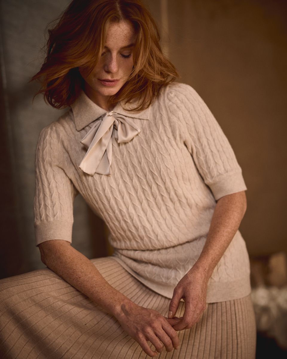 Bloomings Polo collar pullover cable knit s/s Moon mel SLK452-9065