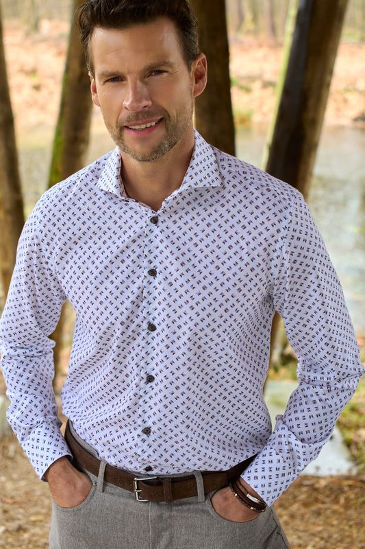 Ledub Shirts Print:Overhemd Wit/beige 916 Donkerbruin 680 0143510