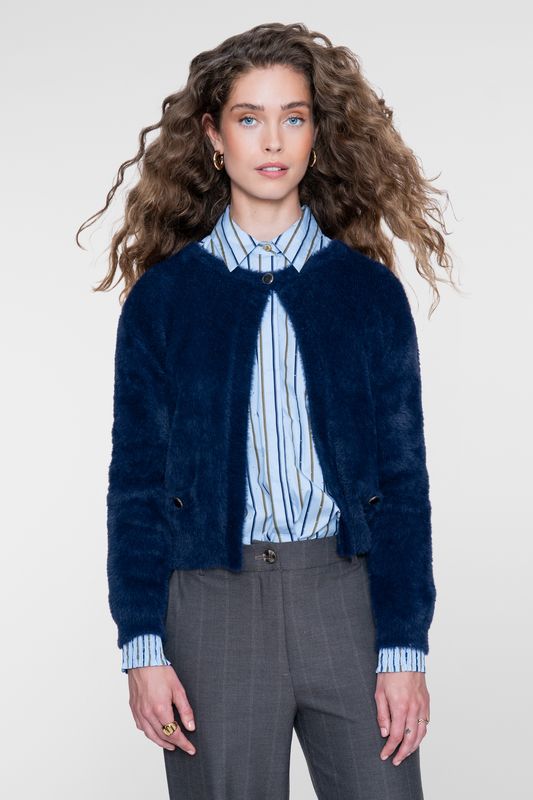 Geisha Round neck hairy cadigan indigo 64513-10