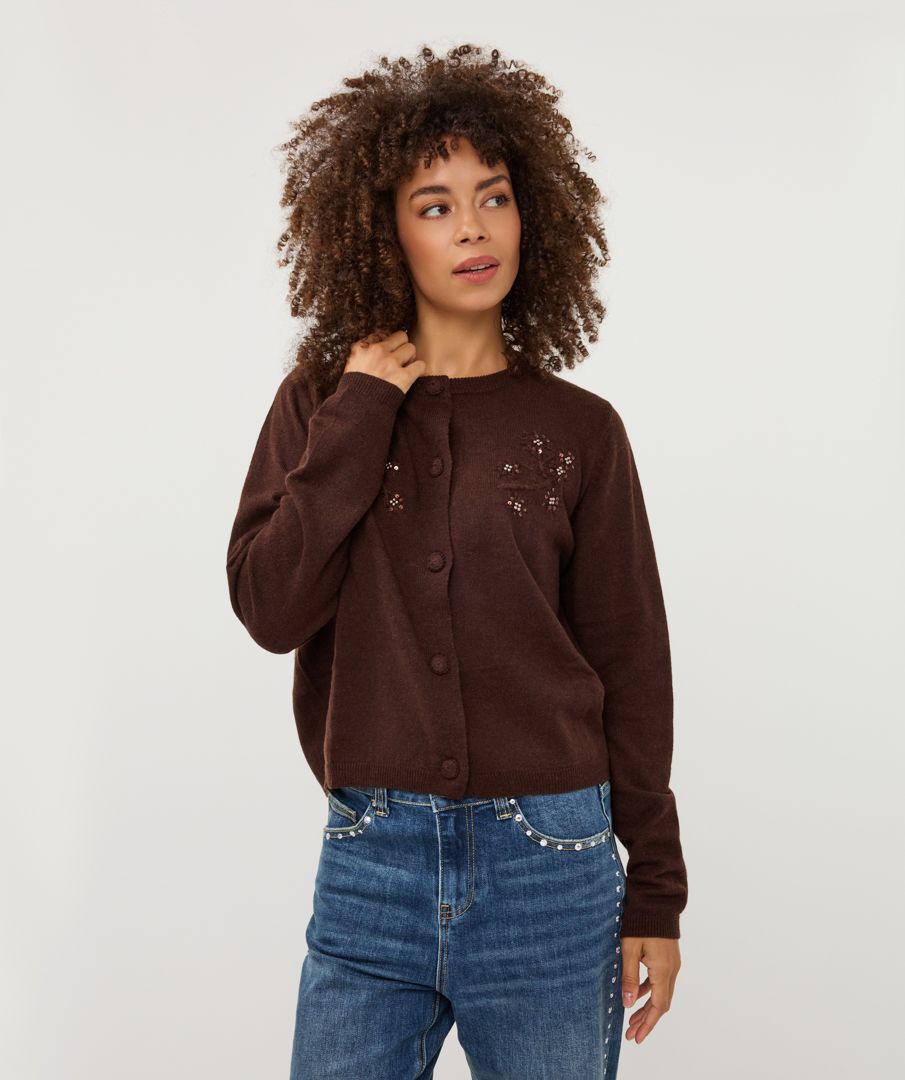 Esqualo Cardigan flower embroidery Dark Coffee W26.02712