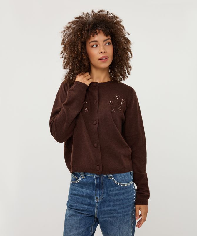 Esqualo Cardigan flower embroidery Dark Coffee W26.02712