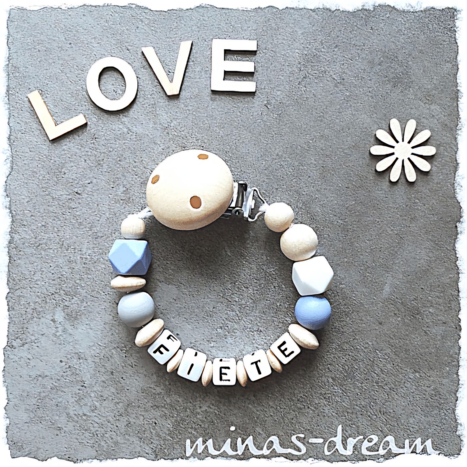 Schnullerkette mit Namen, Beißkette Blue