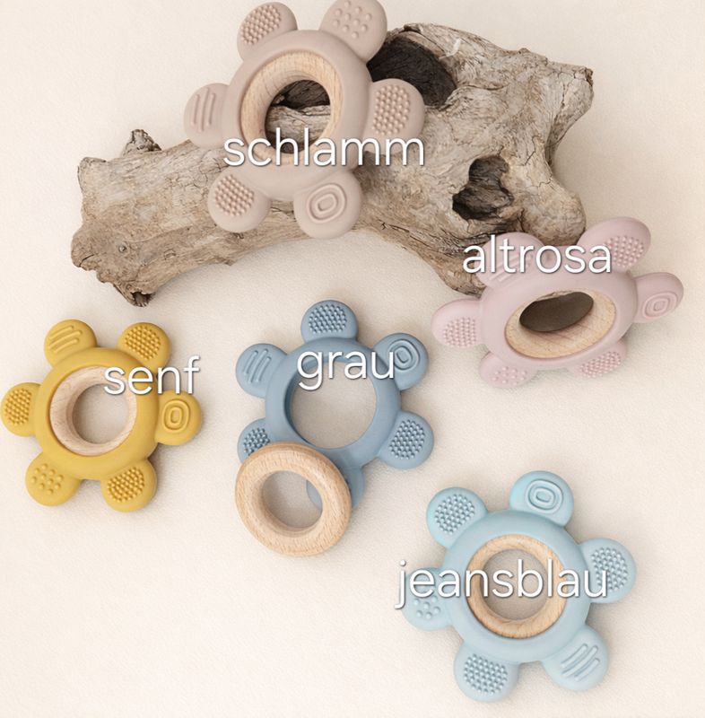 Beißring | Greifring | Beißanhänger aus Silikon und Buchenholz, BPA frei & unbehandelt Silikongreifling mit Holzkern | Greifring