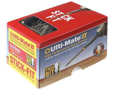 Ulti-mate High Performance Woodscrew PoziSquare Double Csk BZP&Y - (10g) 5mm x 70 (Box Of 200) Stick-fit® Bit Included