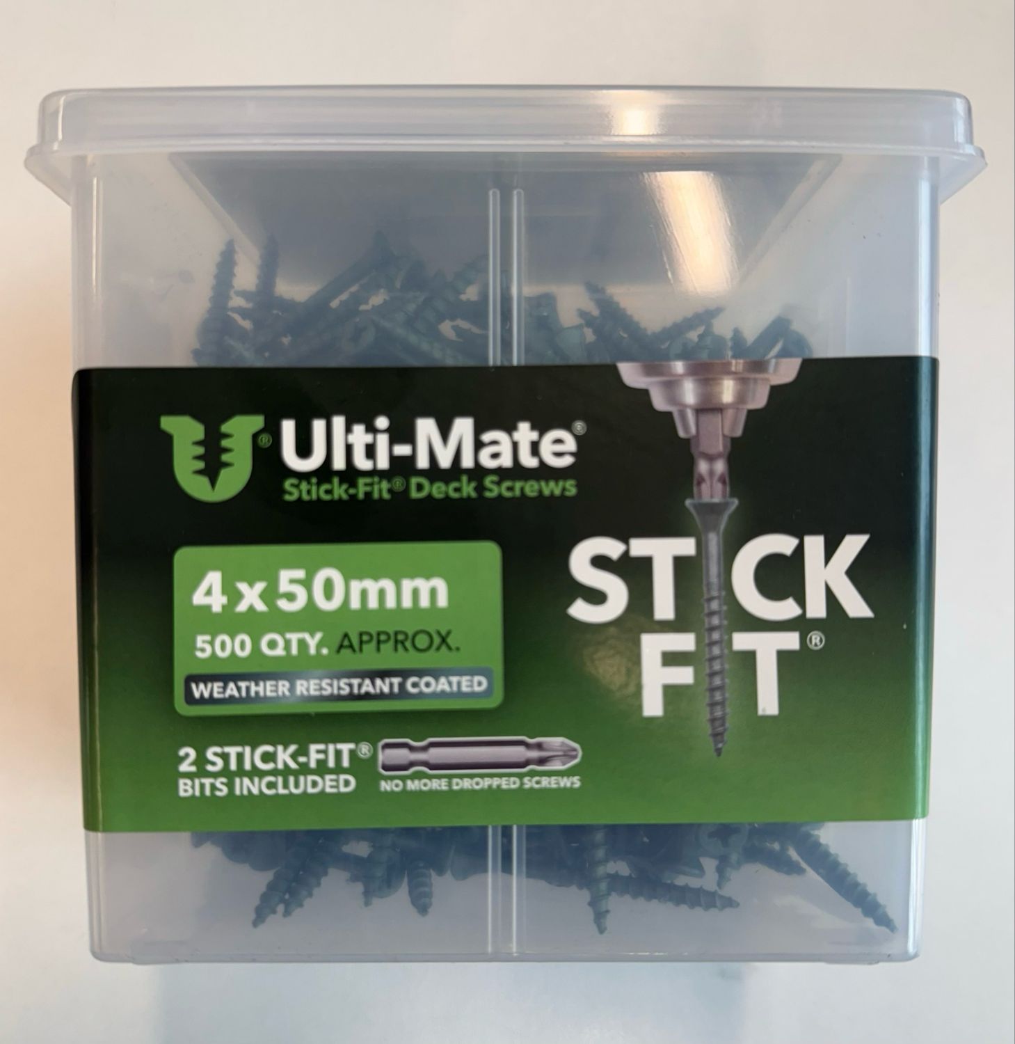 Ulti-Mate Green Coated Decking Screws – 4.0mm x 50mm – Tub of 500 (Stick-fit® Bit Included) Weather Resistant Coated
