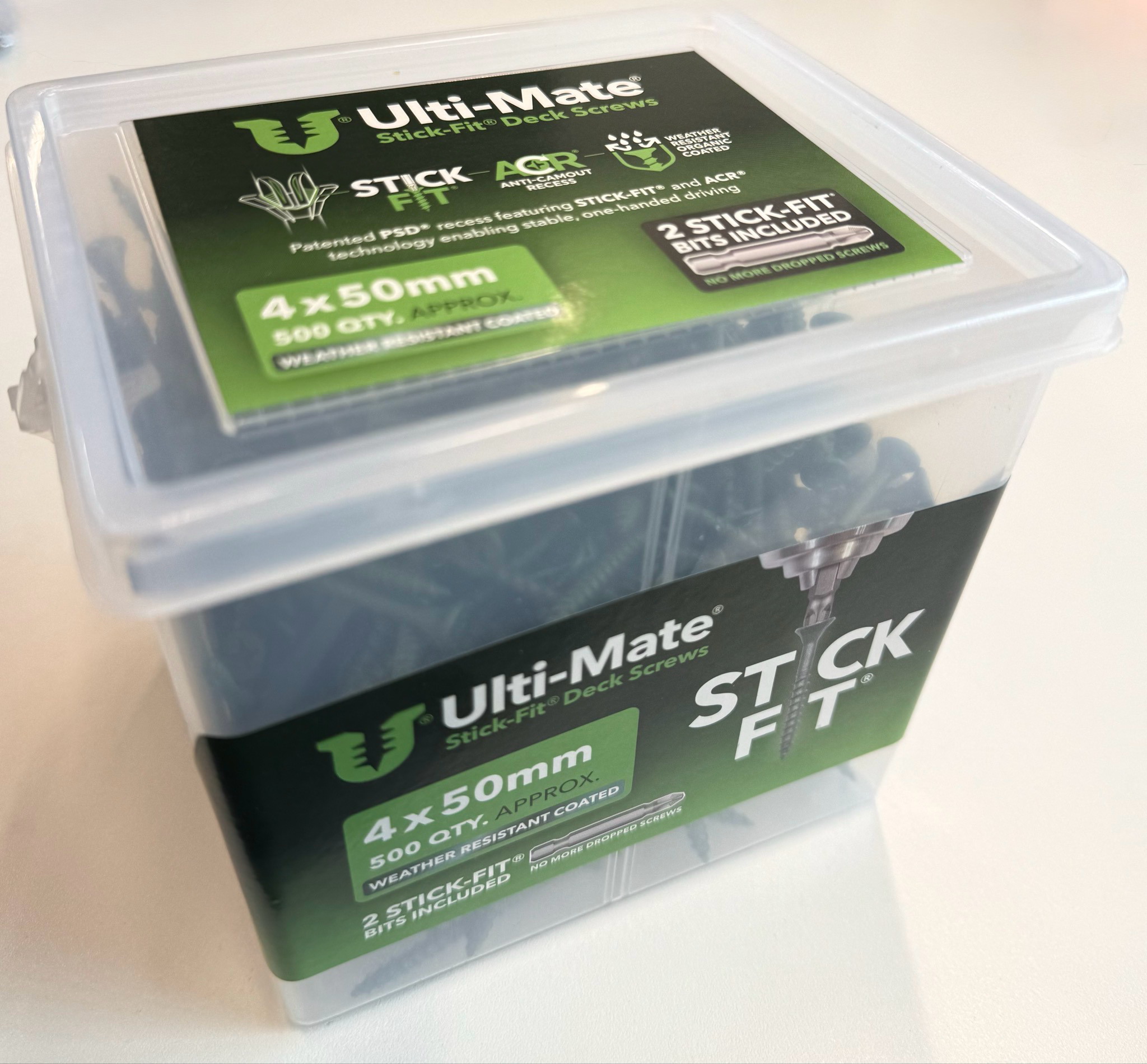 Ulti-Mate Green Coated Decking Screws – 4.0mm x 50mm – Tub of 500 (Stick-fit® Bit Included) Weather Resistant Coated