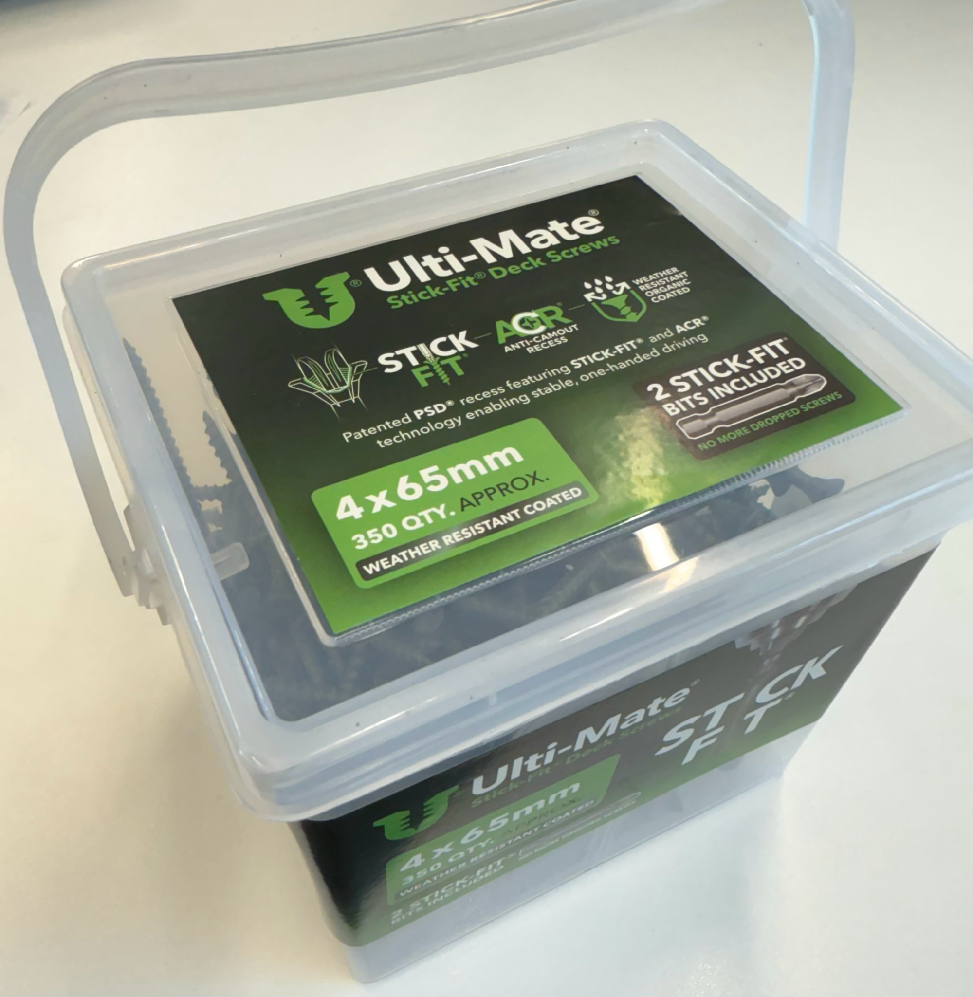 Ulti-Mate Green Coated Decking Screws – 4.0mm x 65mm – Tub of 350 (Stick-fit® Bit Included) Weather Resistant Coated