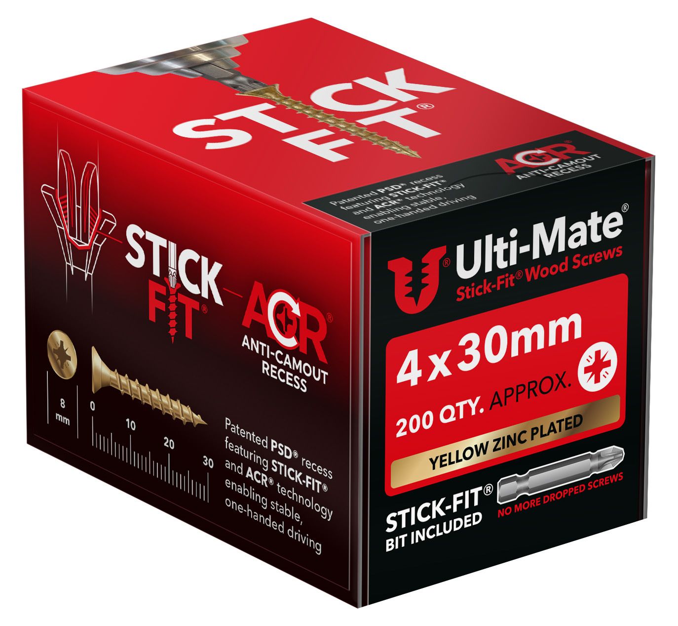 Ulti-Mate® Stick-Fit® Wood Screws 4.0mm x 30mm (BOX OF 200) Stick-fit® Bit Included